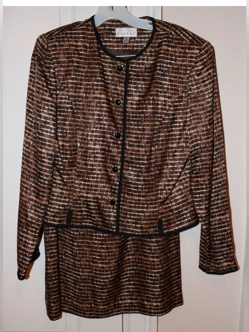 Women's Adrianna Papell 100% Silk Brown Basket Weave Pattern 2-Piece Suit - 8